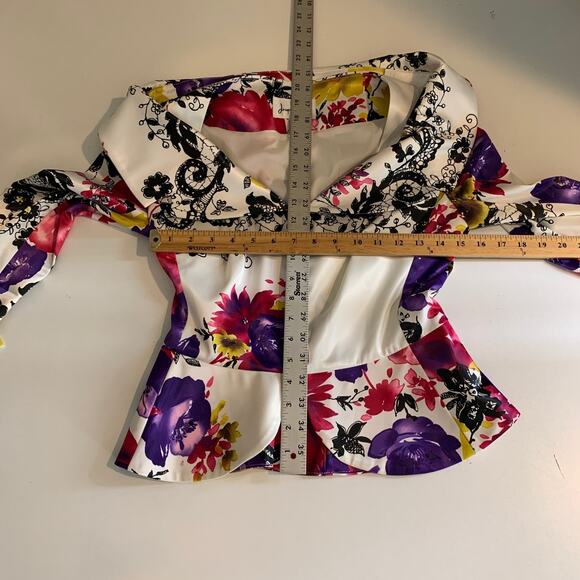 Joseph Ribkoff Jacket Womens 6 Multi Floral Full Zip Satin Cropped Layer Blazer - Picture 10 of 12